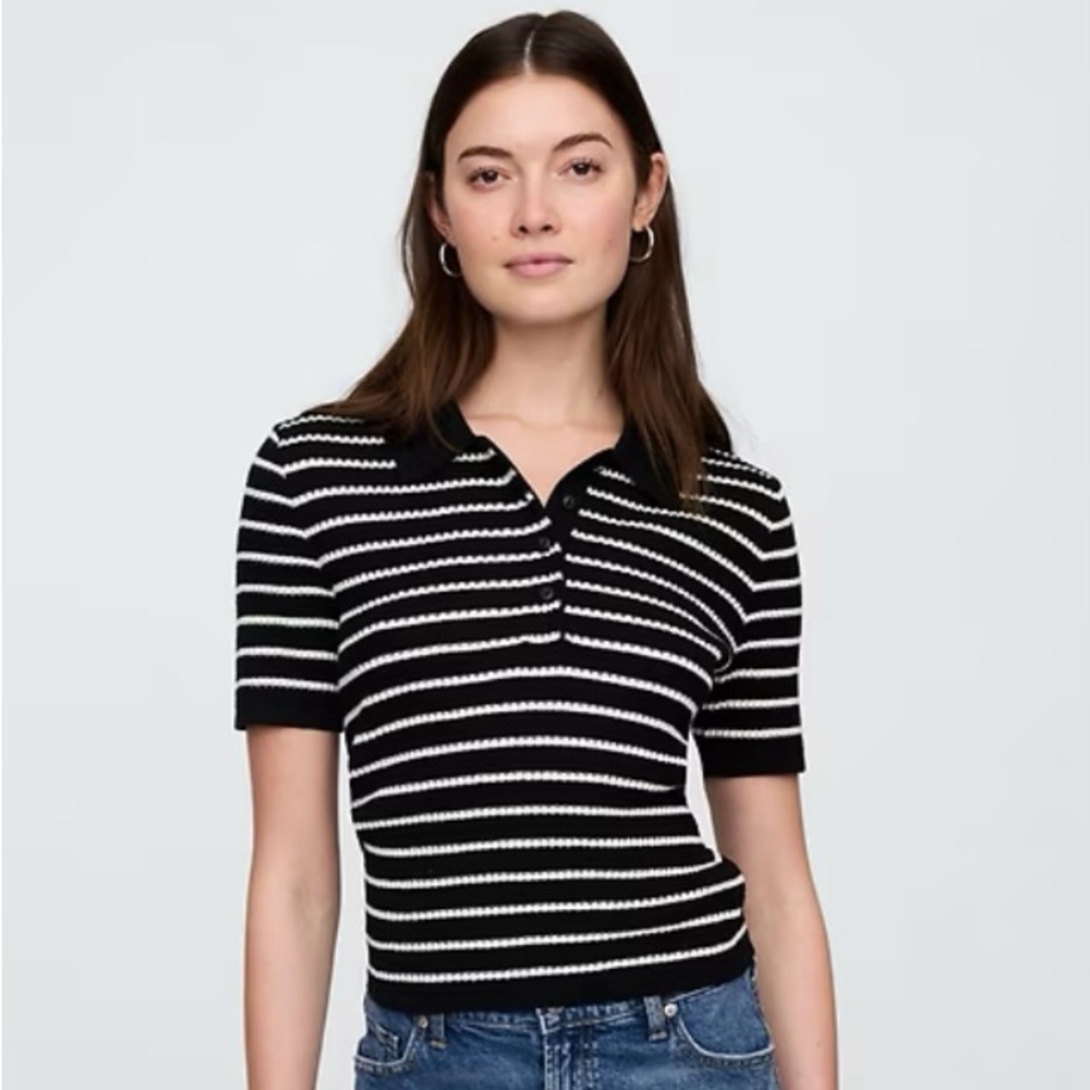 GAP Black and White Striped Short Sleeve Top, Ribbed Polo Sweater